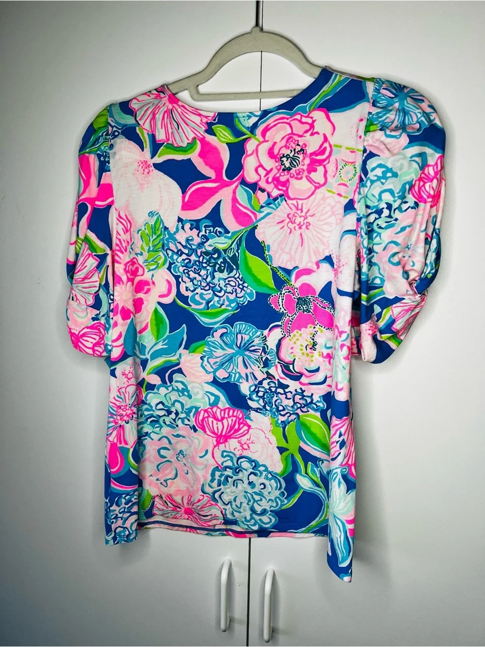 Lilly Pulitzer Elisabette Top M Peony For Your Thoughts Puff Twisted Sleeve